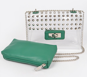 Clear studded purse with emerald green wallet