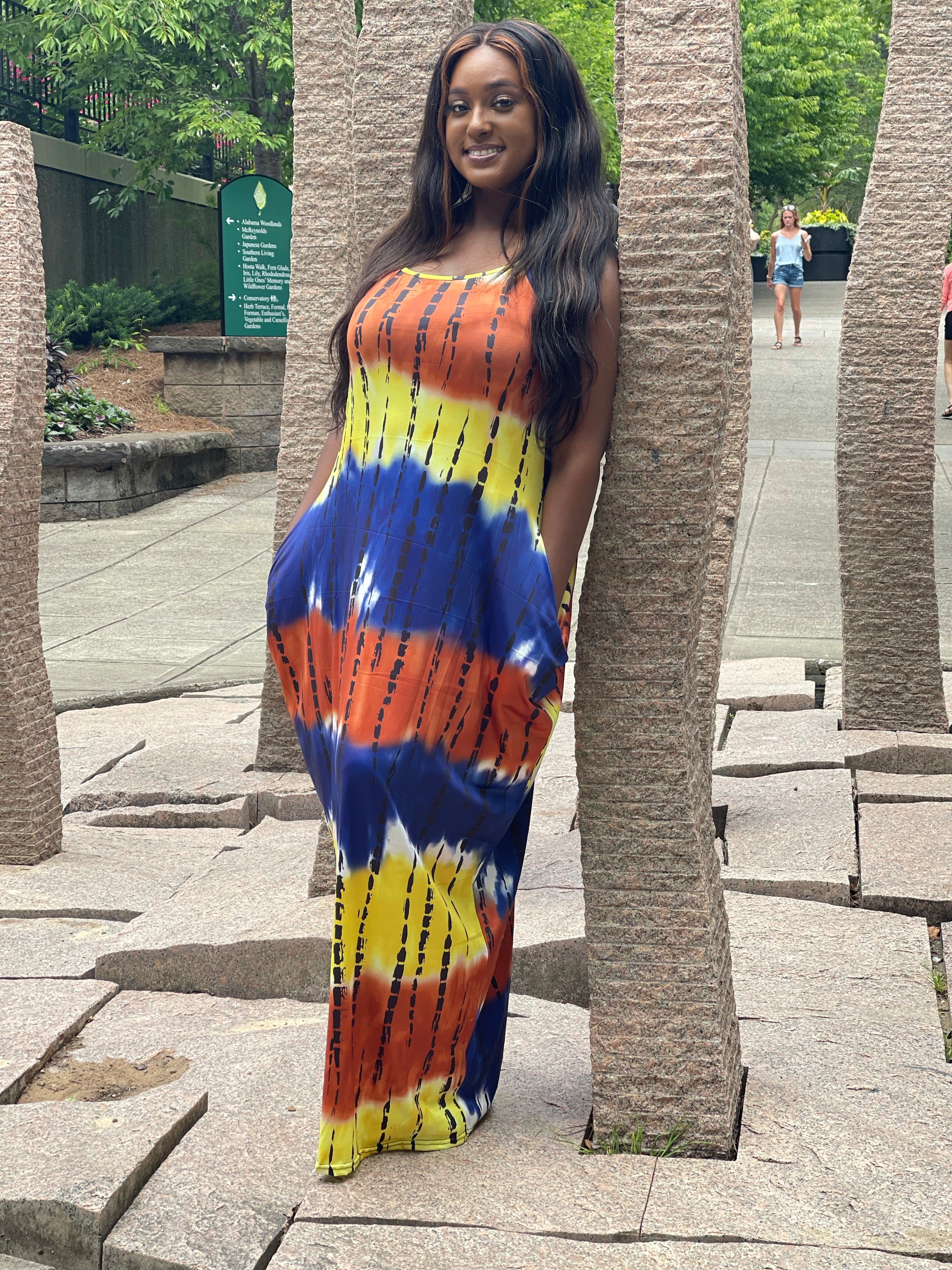 Orange/Yellow/Blue Maxi Dress- With Pockets